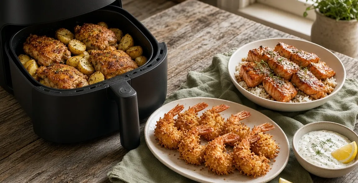 Air-fried parmesan chicken and potatoes in the basket, coconut shrimp and glazed salmon on a rustic table (serving suggestion)