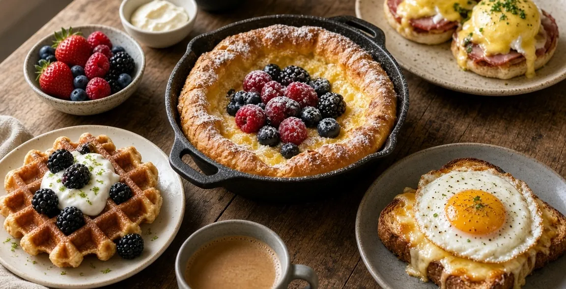 A breakfast table with eggs Benedict, waffles with berries, a Dutch baby and a breakfast sandwich (serving suggestion)