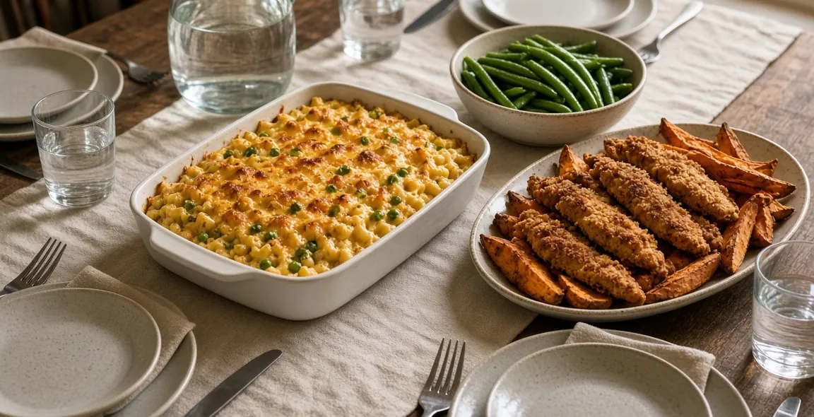 A family dinner table with pizza chicken, mac and cheese, sticky drumsticks, chicken skewers and a fish pie (serving suggestion)