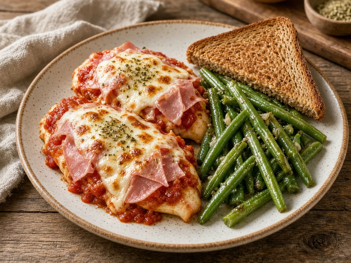 Pizza Chicken with Garlic Green Beans & Toast (serving suggestion)