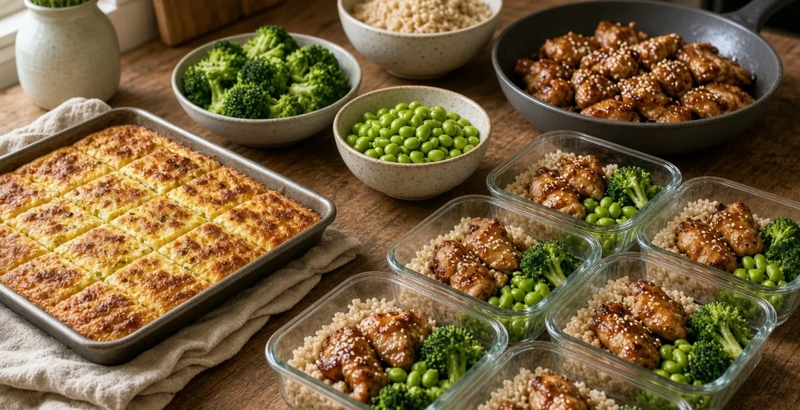 Meal prep containers filled with chicken, rice, vegetables and breakfast squares (serving suggestion)