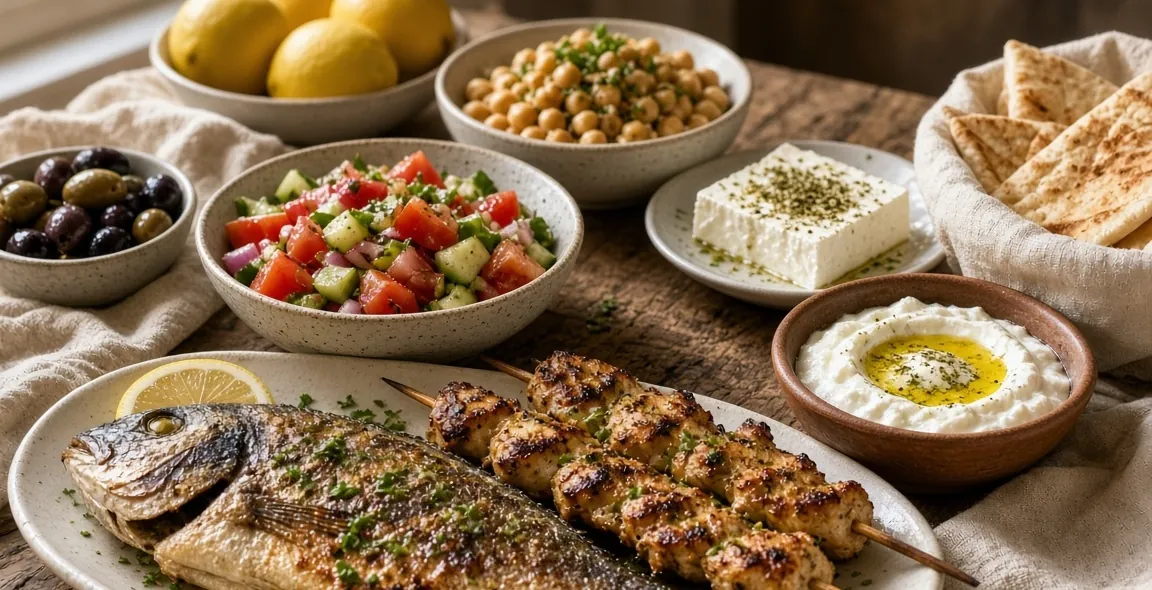 A Mediterranean spread of grilled fish, chicken, yogurt, feta and salads on a table (serving suggestion)