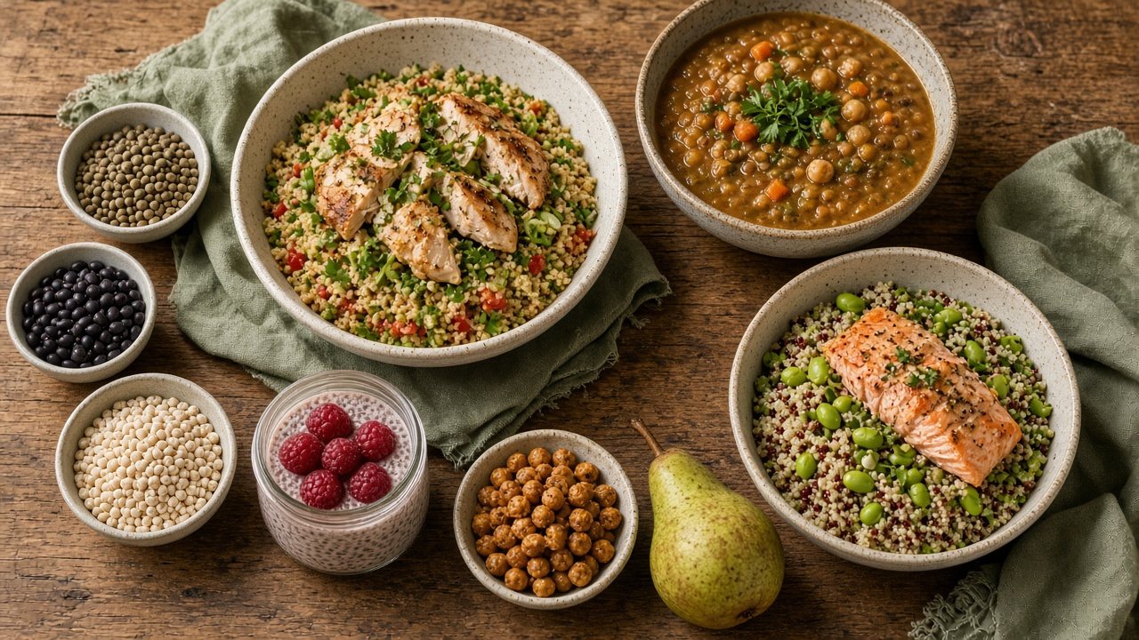 Bowls of lentils, beans, grains, seeds and fruit on a rustic table (serving suggestion)