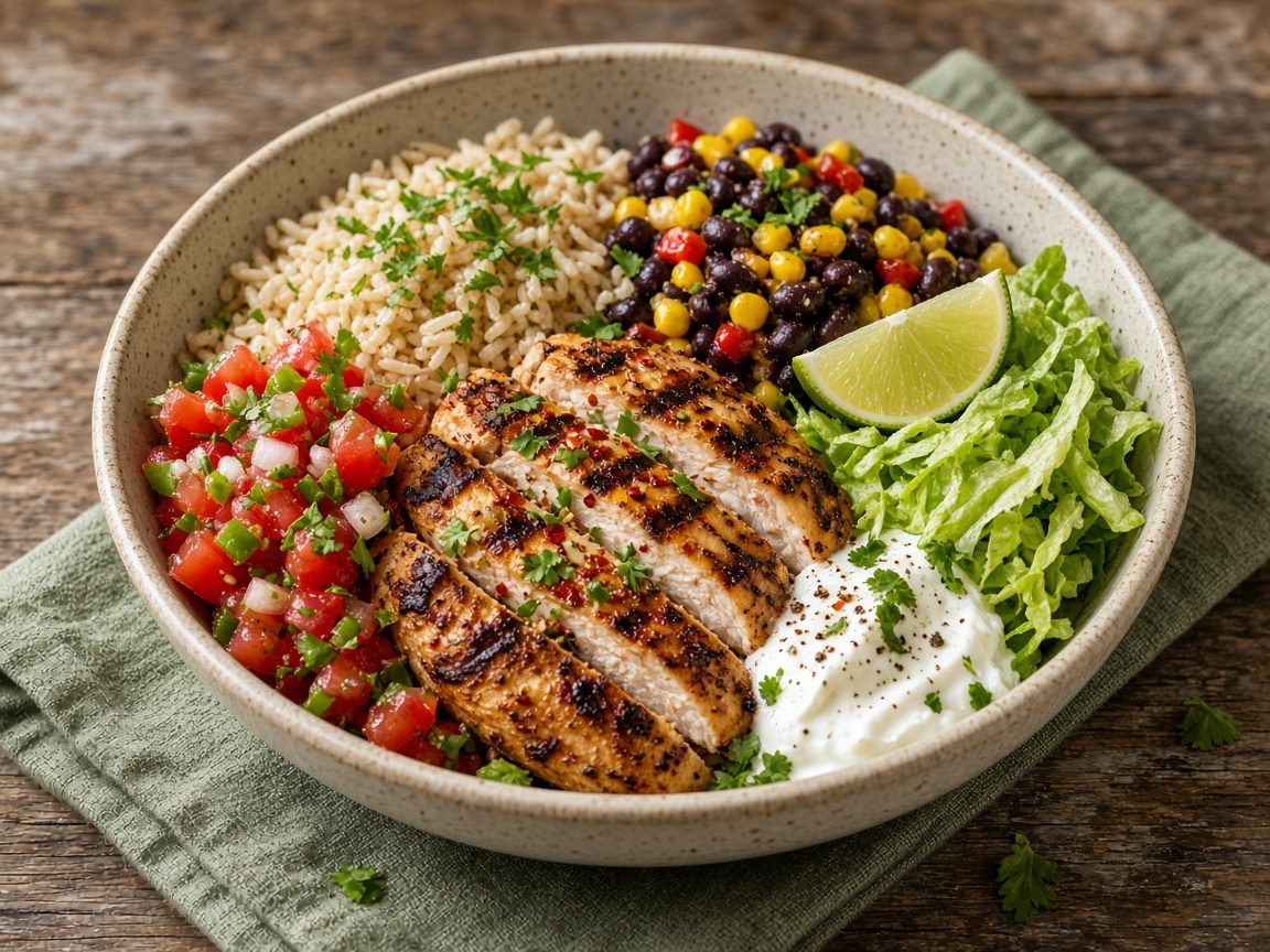 Chicken Burrito Bowls with Brown Rice & Black Beans (serving suggestion)