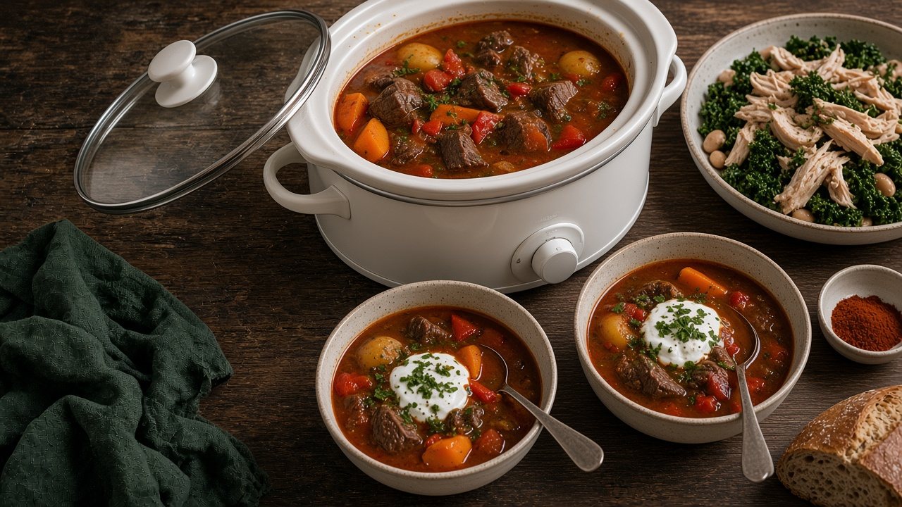 A slow cooker of hearty stew with bowls of shredded chicken, greens and soup on a rustic table (serving suggestion)