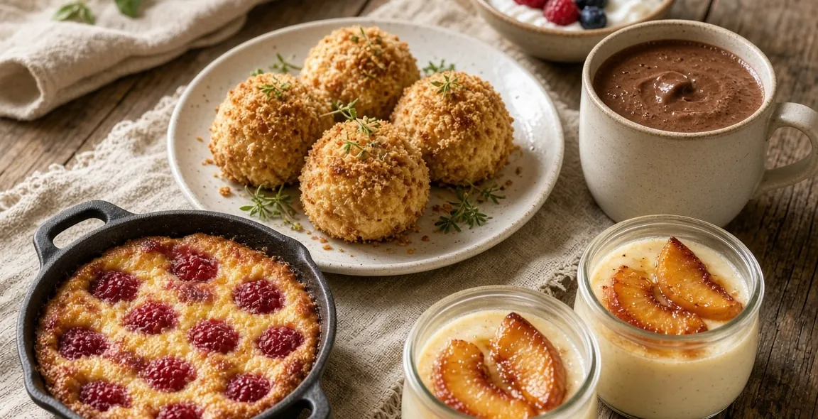 A table of high-protein snacks and desserts: tiramisu jars, cheese bars, pretzel bites, buffalo dip and stuffed dates (serving suggestion)