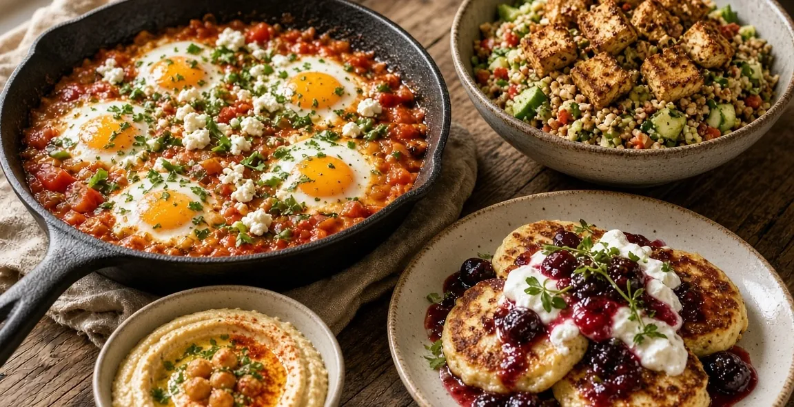 A vegetarian spread of eggs, tofu, lentils and cheese dishes on a table (serving suggestion)